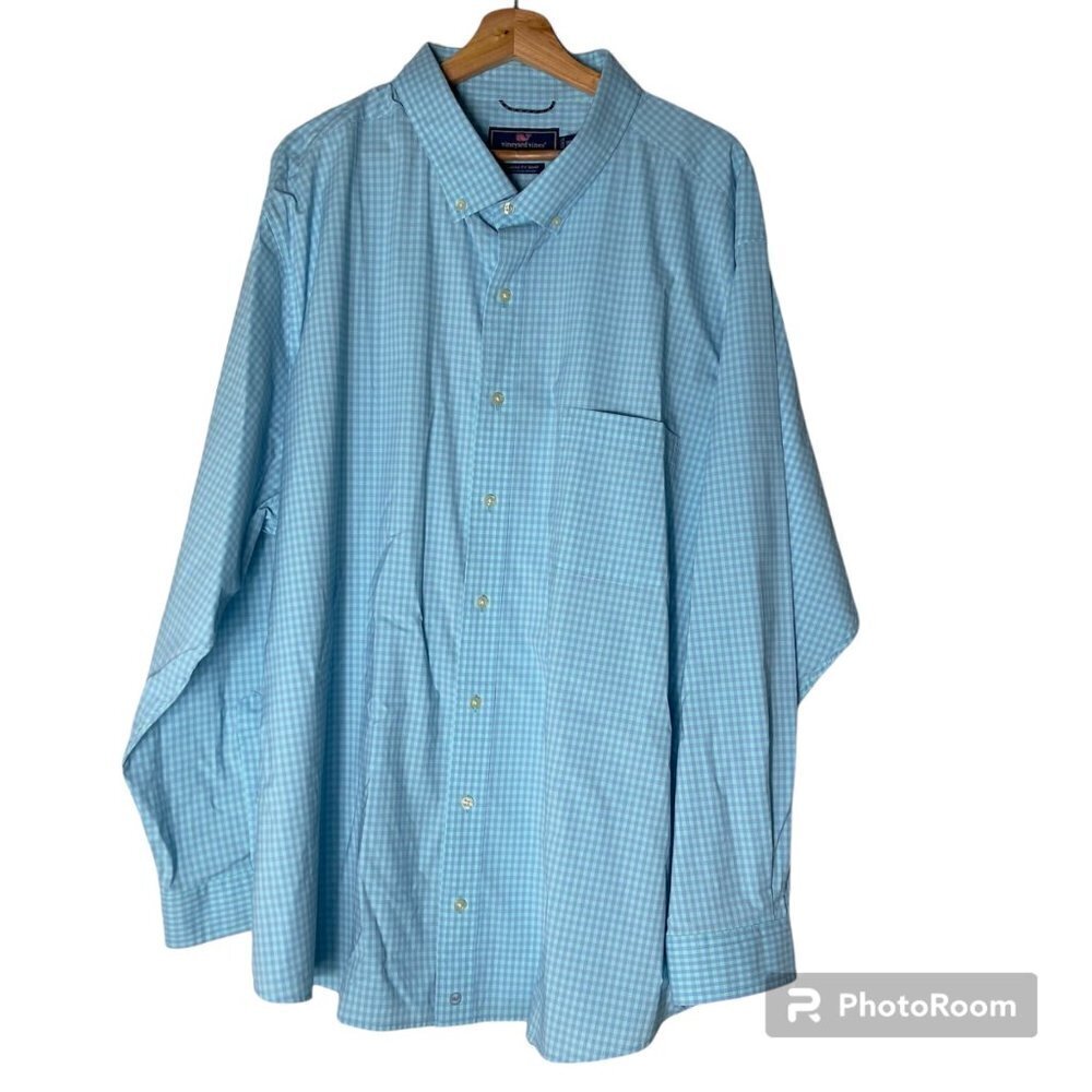 Vineyard Vines Shirt Men 3XB Blue Gingham Plaid Button Up Performance Shirt